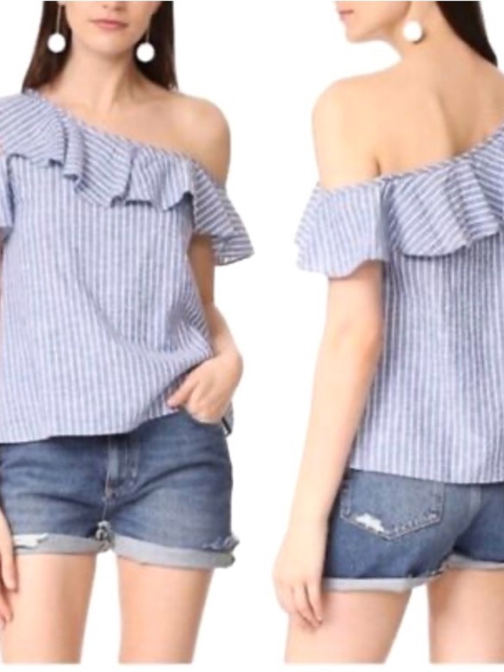 Madewell Blue and White Striped One-Shoulder Ruffle Crop Top